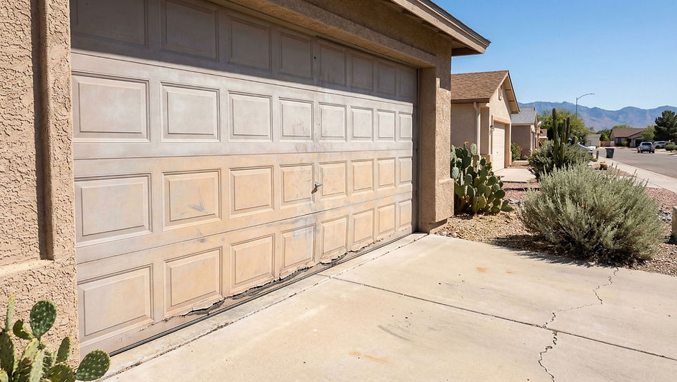 A close-up view of a weathered, tan-colored raised-panel garage door in need of repair. The bottom section of the door is visibly damaged, with the metal or fiberglass paneling bent and shredded along the base. The house has a stucco exterior and is located in a desert neighborhood with prickly pear cacti and distant mountains under a bright, clear sky.