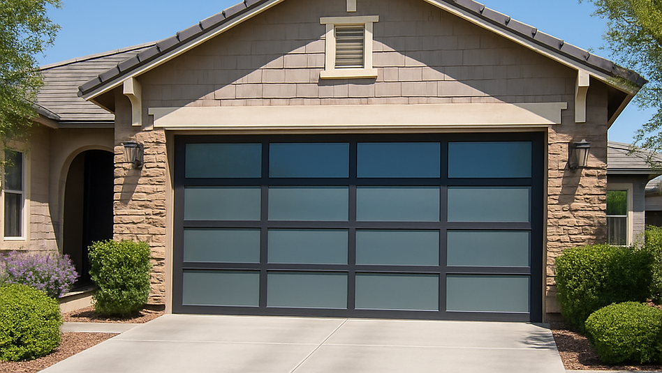 A beautiful contemporary home featuring a modern black-framed garage door with frosted glass panels. The exterior of the house combines light tan stucco with decorative stone veneer accents and a dark terracotta tile roof. A wide, clean concrete driveway leads to the garage, surrounded by manicured green lawns, vibrant shrubs, and a large leafy tree under a clear blue sky.
