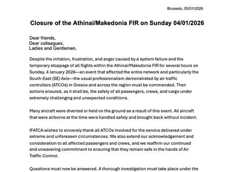 Επιστολή IFATCA - Απώλεια Συχνοτήτων 4/01/2026