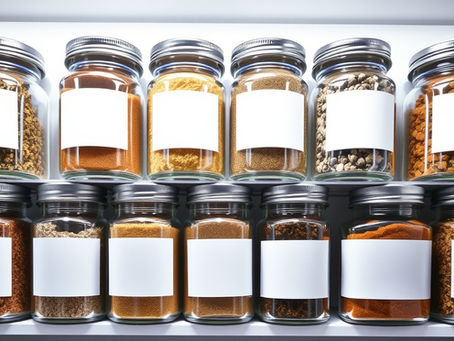 Matching clear glass spice jars all in a row with blank white labels ready to be written on!