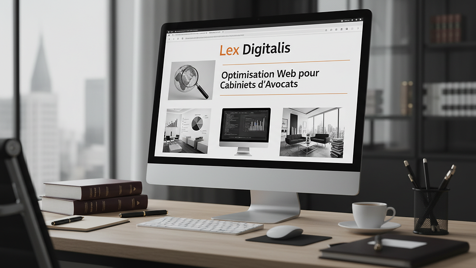 Vue rapprochée d’un bureau d’avocat avec un ordinateur affichant un blog juridique