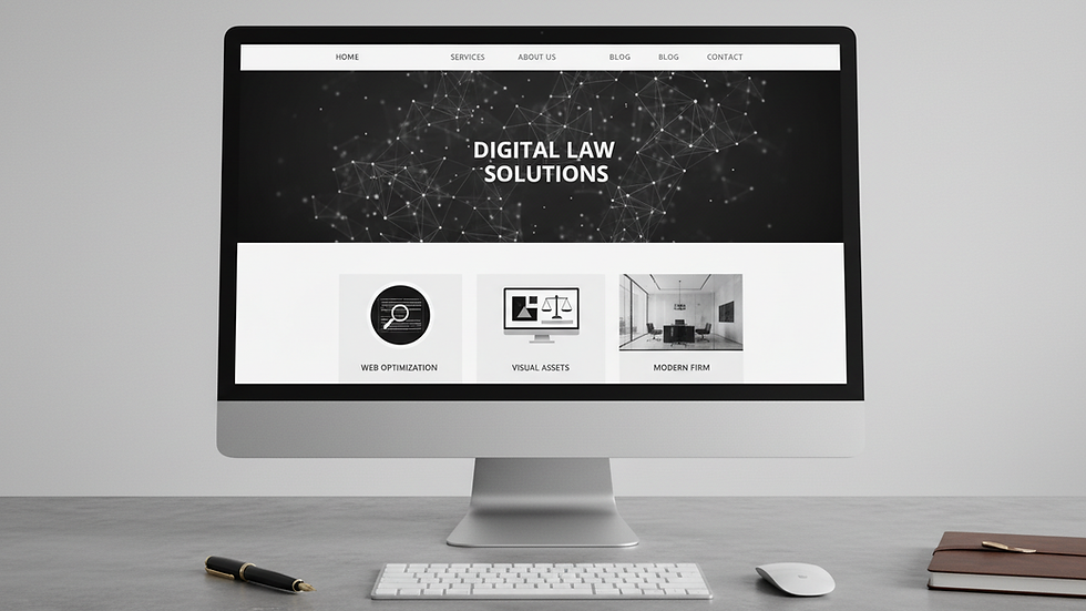 Vue en plongée d’un site web juridique moderne avec un design épuré