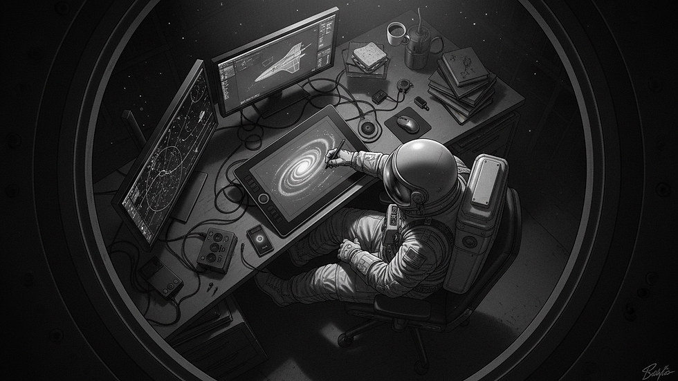 Vue en plongée d'un bureau avec ordinateur et tablette graphique
