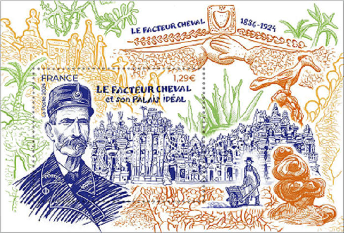 Timbre de 2024 émis par Philaposte représentant le Facteur Cheval et son Palais idéal.Création et gravure Sophie Beaujard d'après photo portrait © Bridgeman Images 