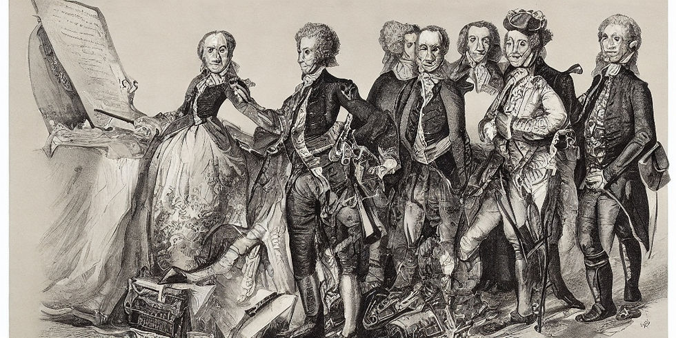 A black and white painting of a group of people.