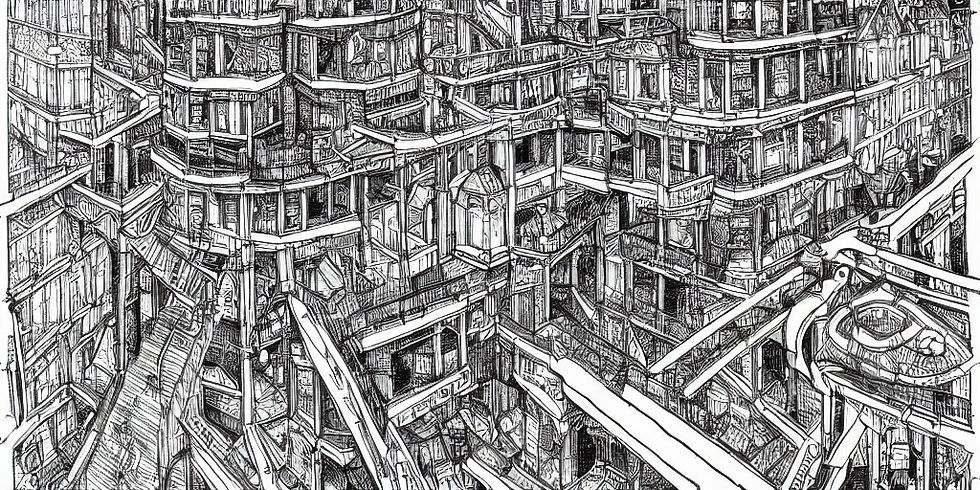 A black and white painting of a city.