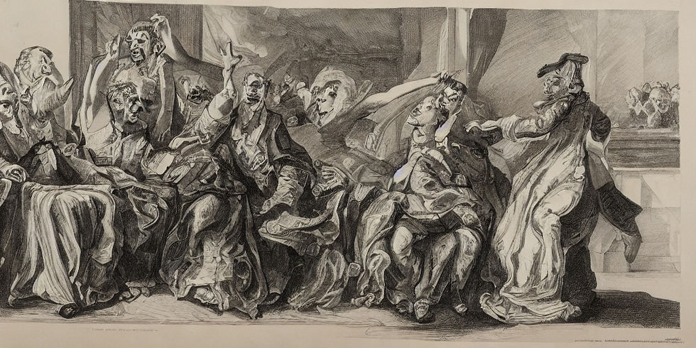 A black and white painting of people from the press asking questions.