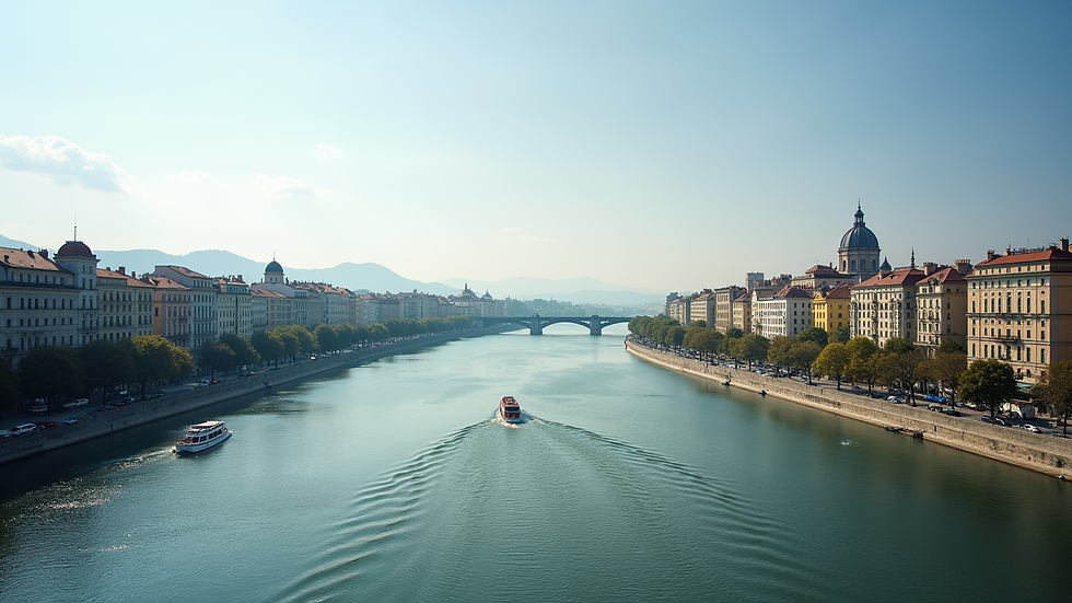 High angle view of the Danube River with Budapest skyline and apartment buildings