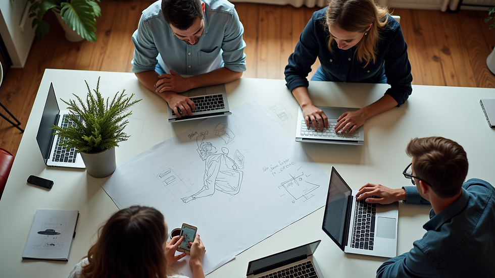 High angle view of a creative team collaborating around a table with laptops and sketches