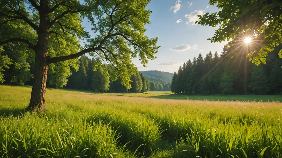 Eye-level view of a peaceful meadow surrounded by trees