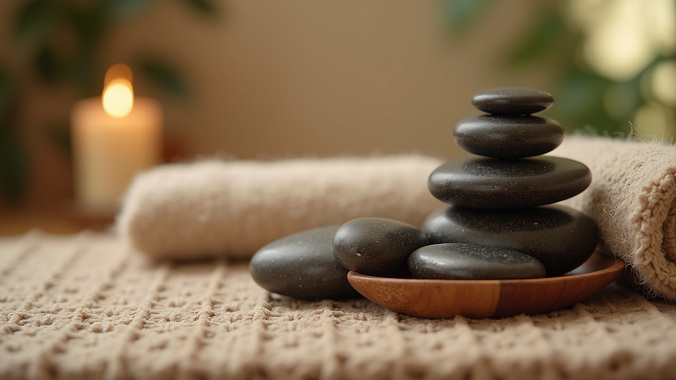 Close-up view of massage oils and smooth stones on a wooden table