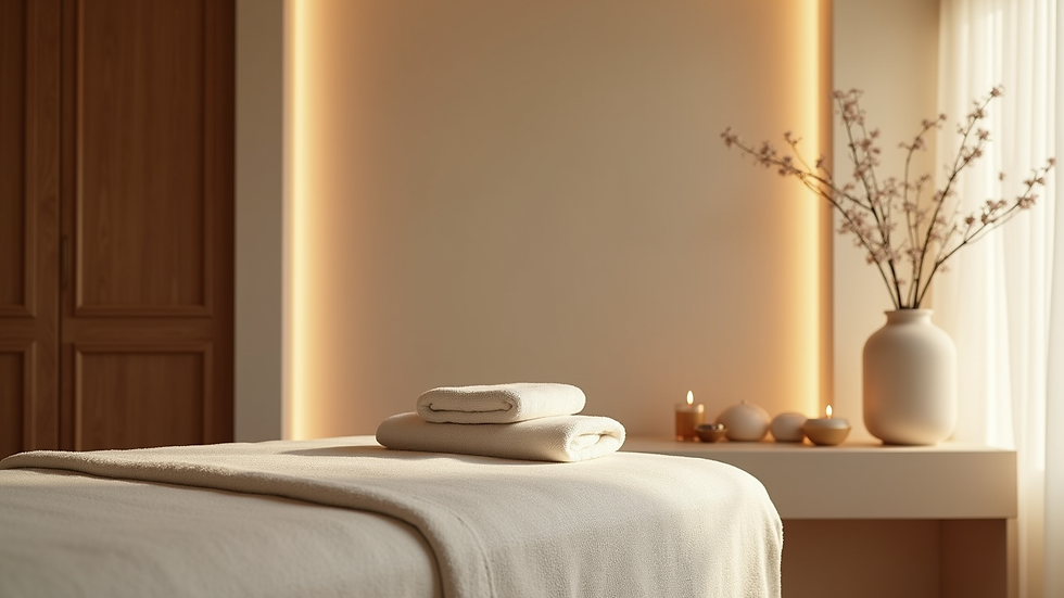 Eye-level view of a peaceful massage room with a neatly made table