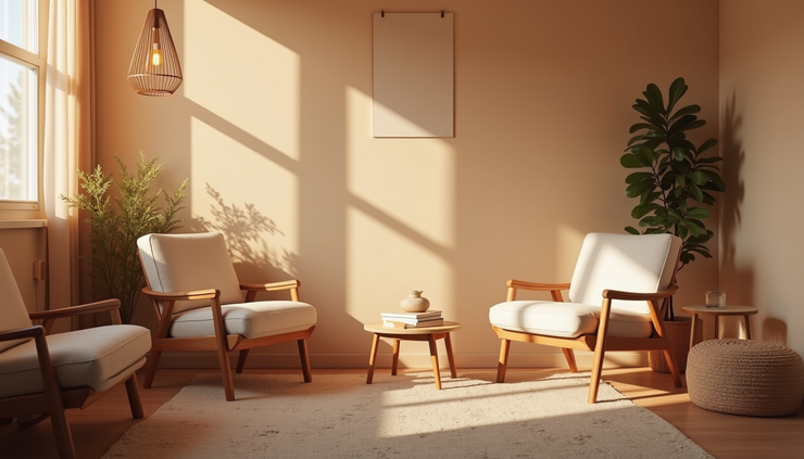 Eye-level view of a cozy, inviting therapy room with soft lighting and comfortable seating