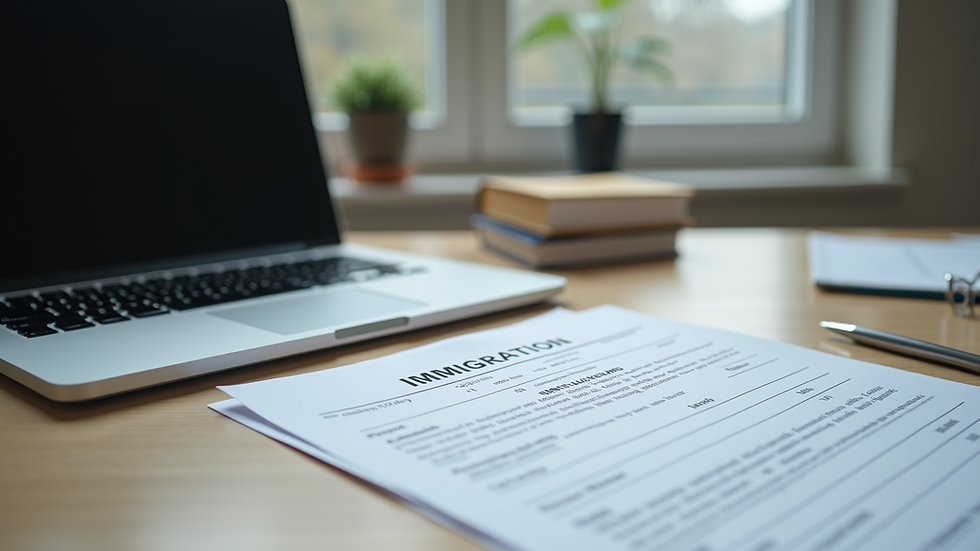 Eye-level view of a neatly organized desk with immigration documents and a laptop