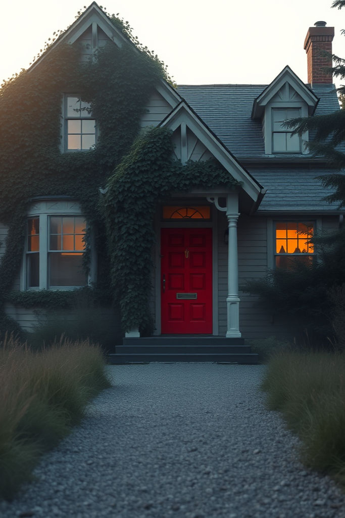 A slightly weathered Victorian house at the end of a quiet gravel path, partially covered 