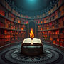 A sacred vault room with towering shelves of glowing codices and ancient manuals. At the c