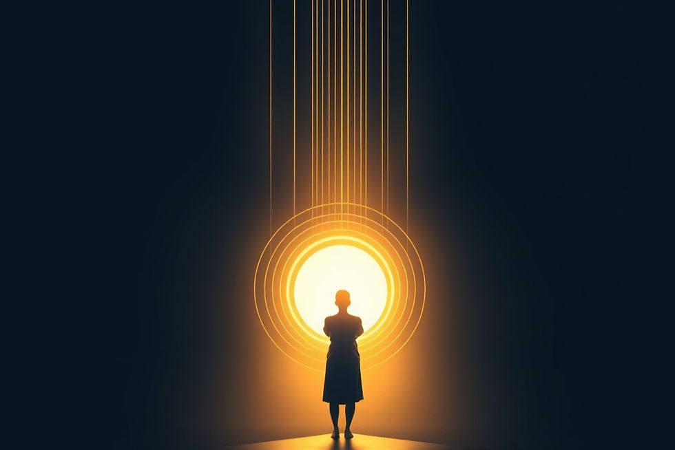 A quiet, contemplative space filled with descending rays of golden light, symbolizing reve