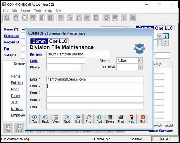 Comm One call accounting software division file maintenance screen