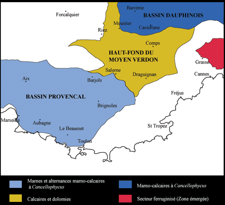 Faciès et extension des formations au Bathonien inférieur et moyen (d'après Tempier, 1973)