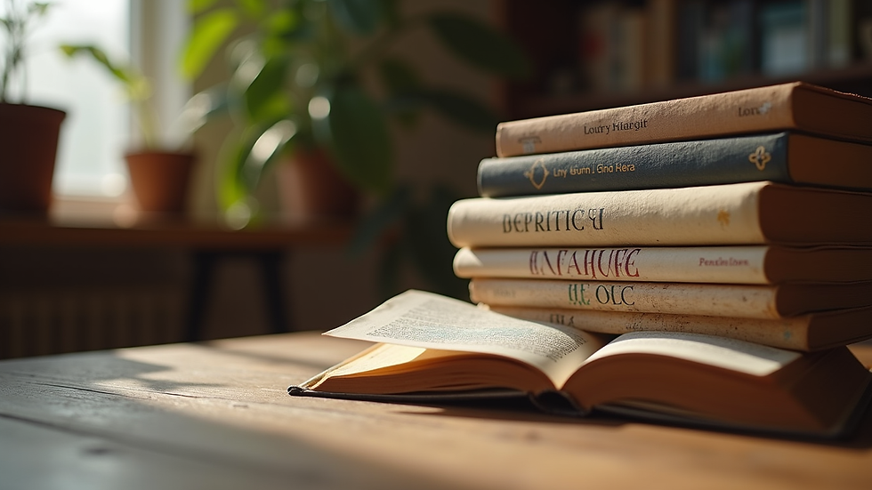 Eye-level view of a cozy reading nook with a stack of inspiring books