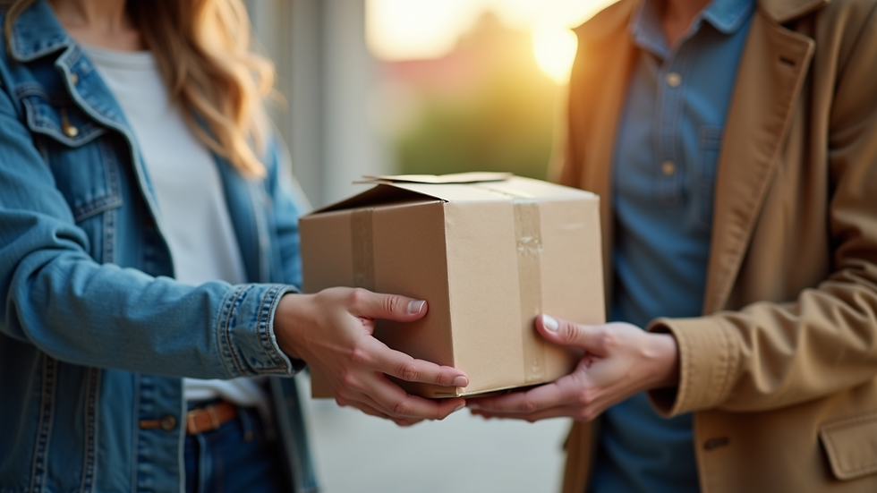 Close-up view of a volunteer handing a food package to a person in need