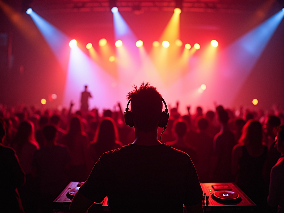 DJ de dos avec casque, table de mixage. Public de concert éclairé par lumières colorées rouge et bleue, ambiance festive.