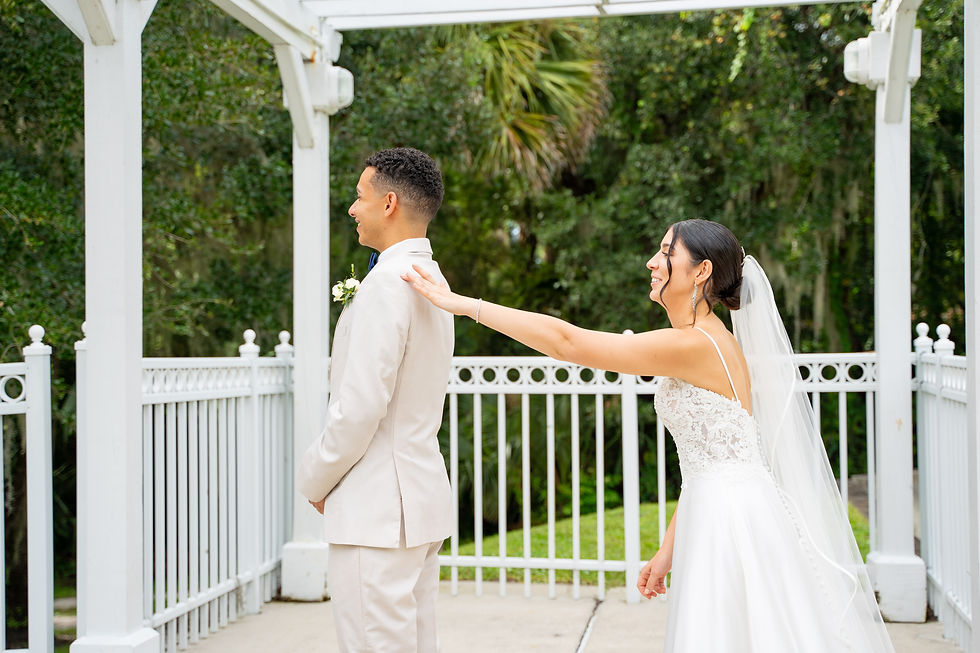 First look with bride and groom at the lake Mary events center
