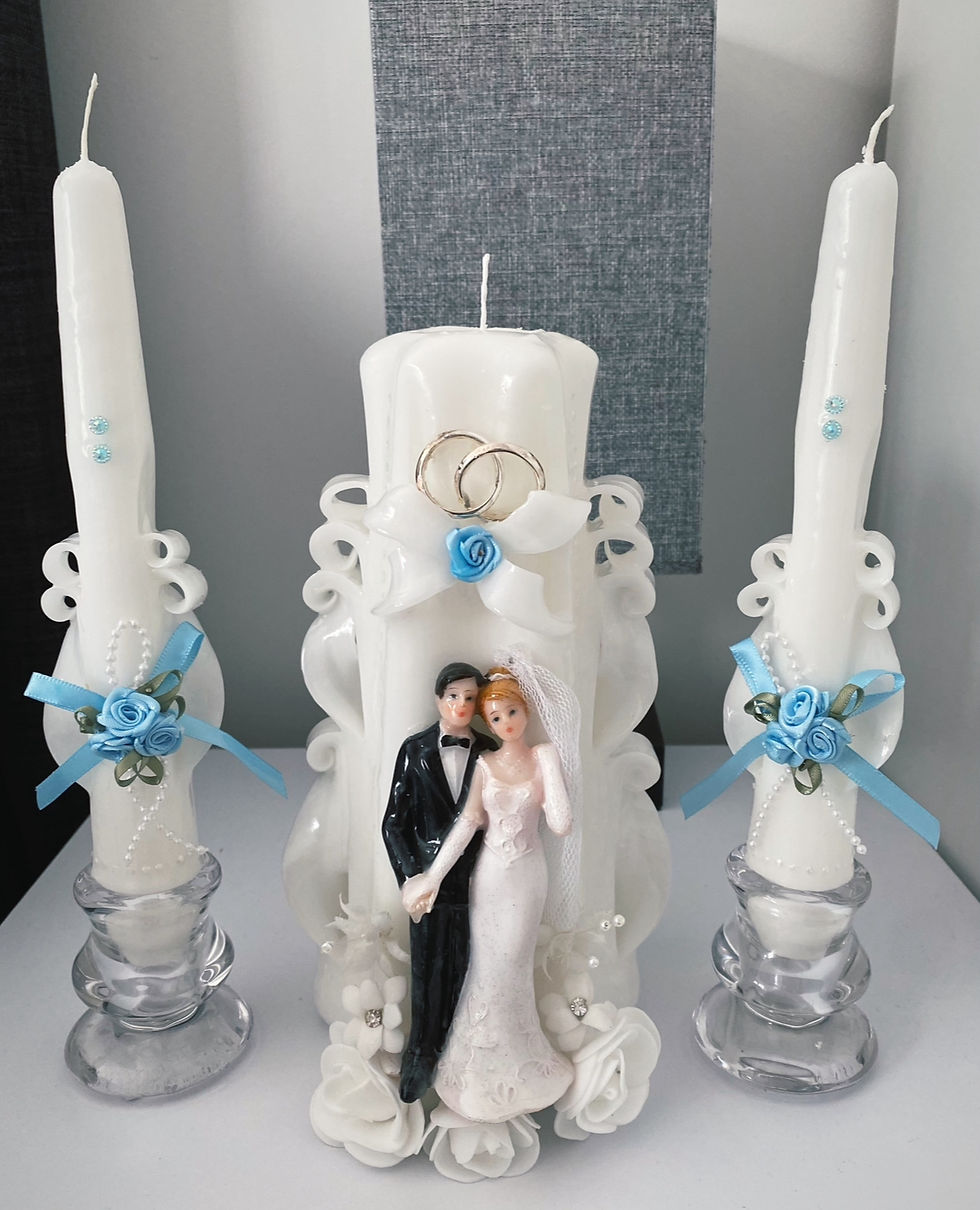 Carved white wedding set with bride & groom on the front & blue flowers