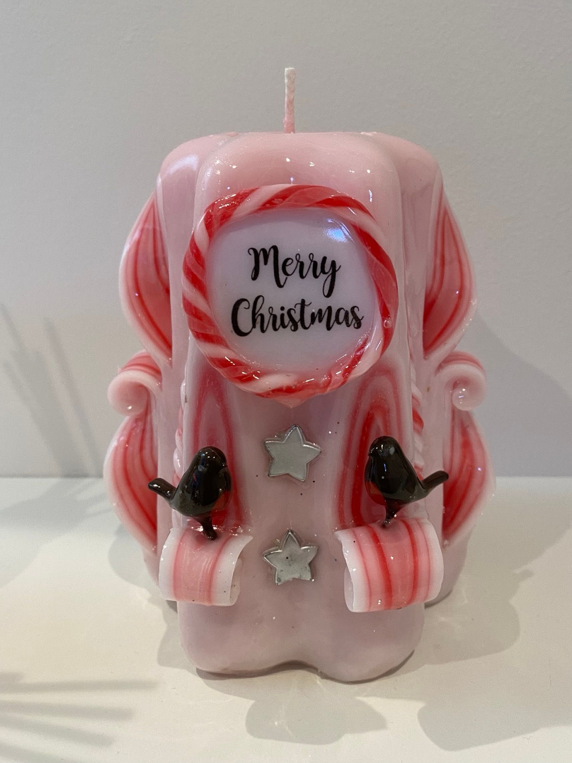 Personalised carved candle with robins