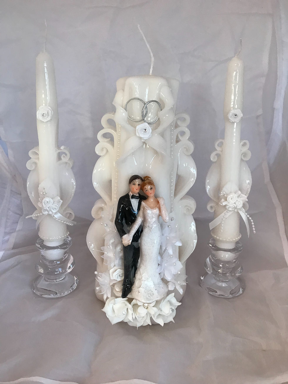 white candle carved set with bride & groom on the front