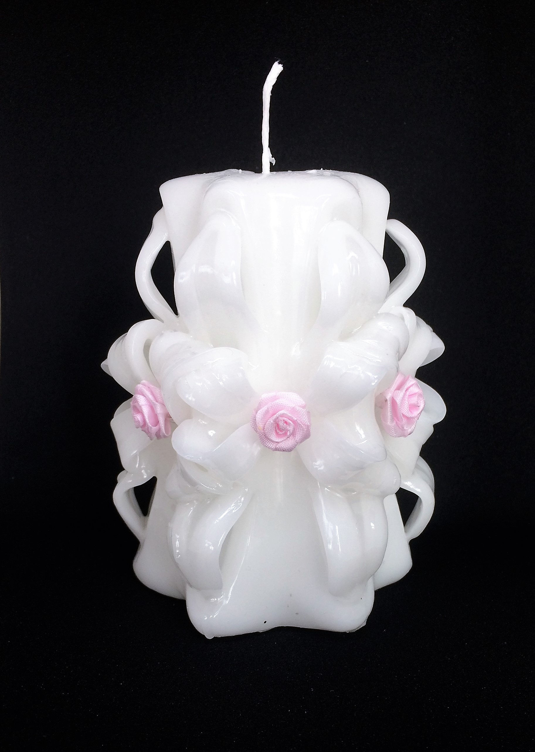 White Carved Wedding Candle with pink roses