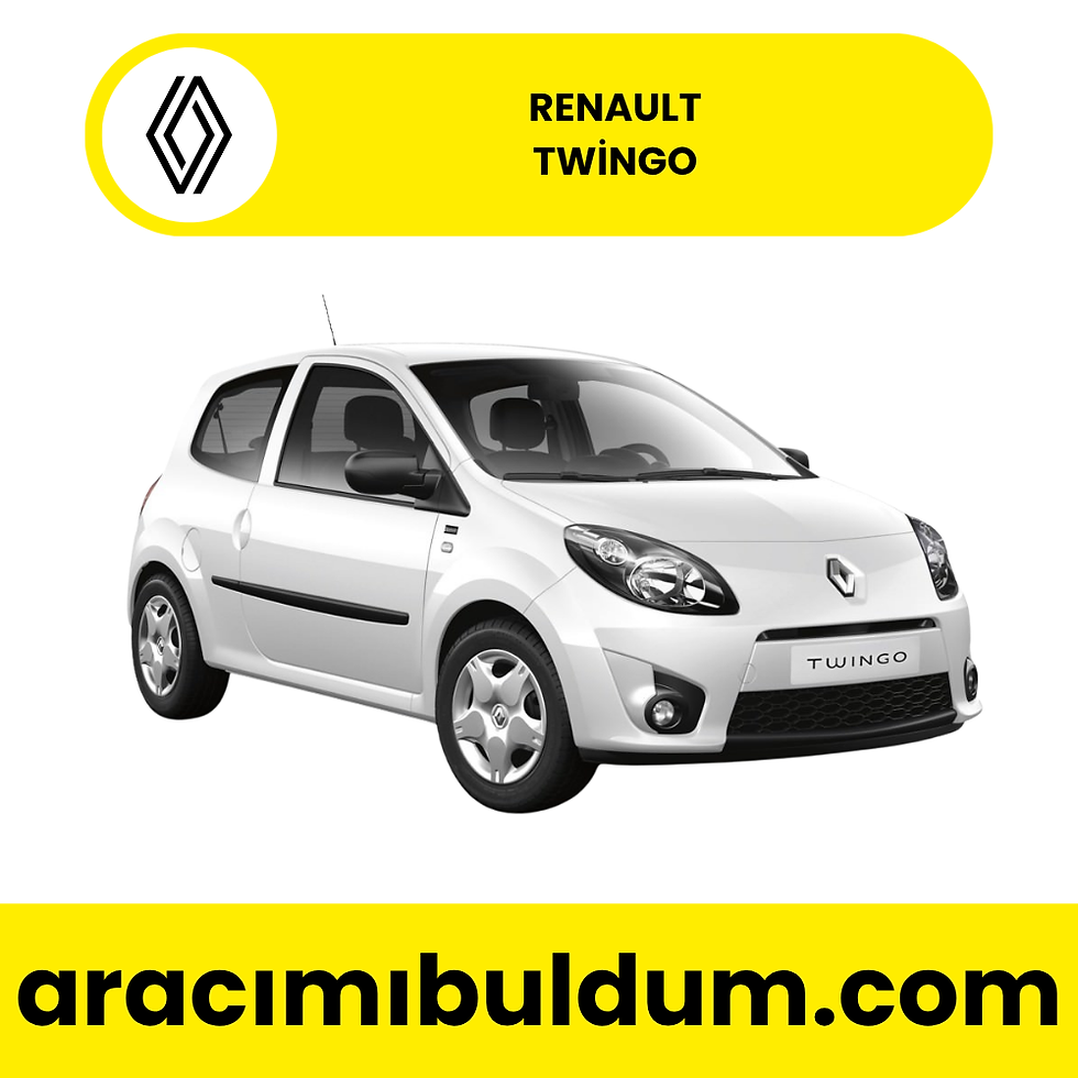 Beyaz Renault Twingo ön görünümü, aracımıbuldum.com logosu ile sunuluyor.