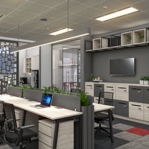 Modern interior design with grey and red tones and geometric accents for an office in jakarta.