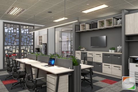 Kantor open-space dengan warna abu-abu, dengan nuansa modern, bentuk geometris yang menarik, dan aksen merah. Area kantor menampilkan lemari, rak, dan meja kerja.