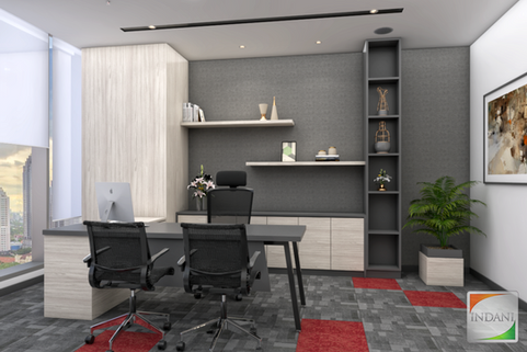 Showing a room of a director's office, with one table with three chairs in the center, cabinet and open shelves behind it.