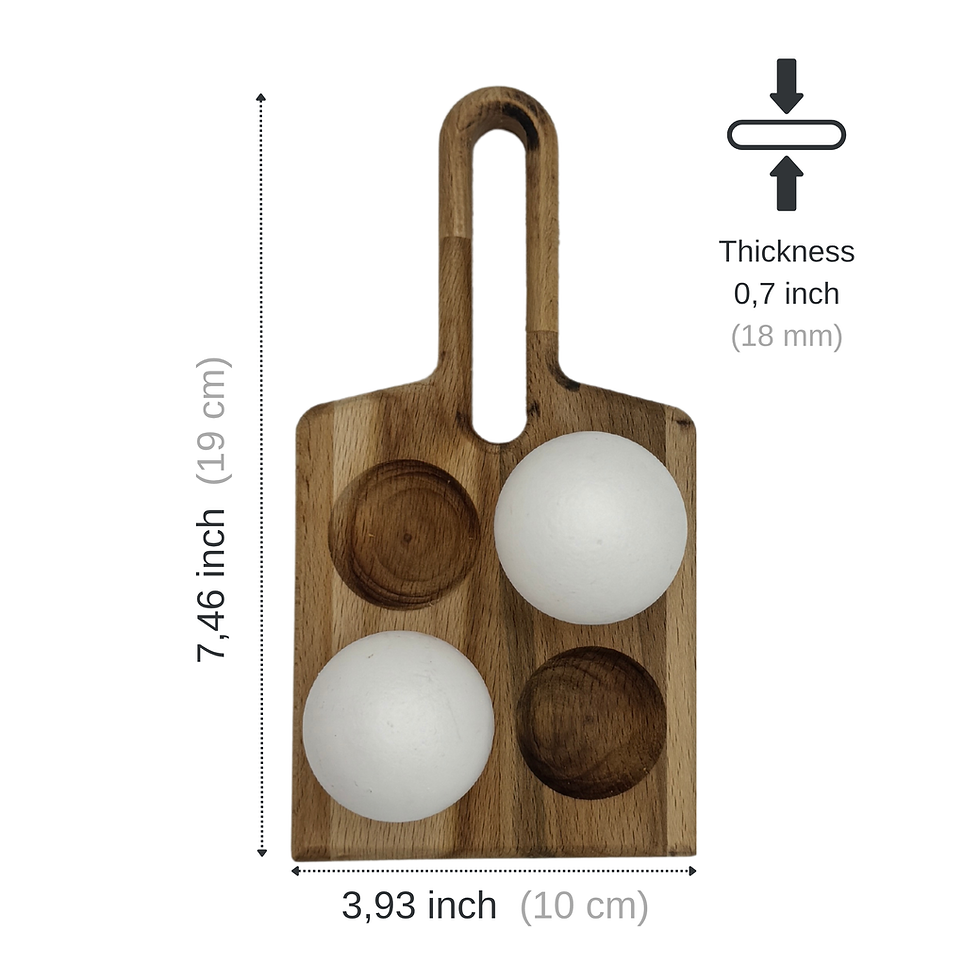 Thumbnail: Hornbeam wooden egg holder with 4 cells showing size and dimensions