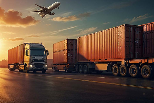 Truck and containers with plane overhead, regional freight shipping.