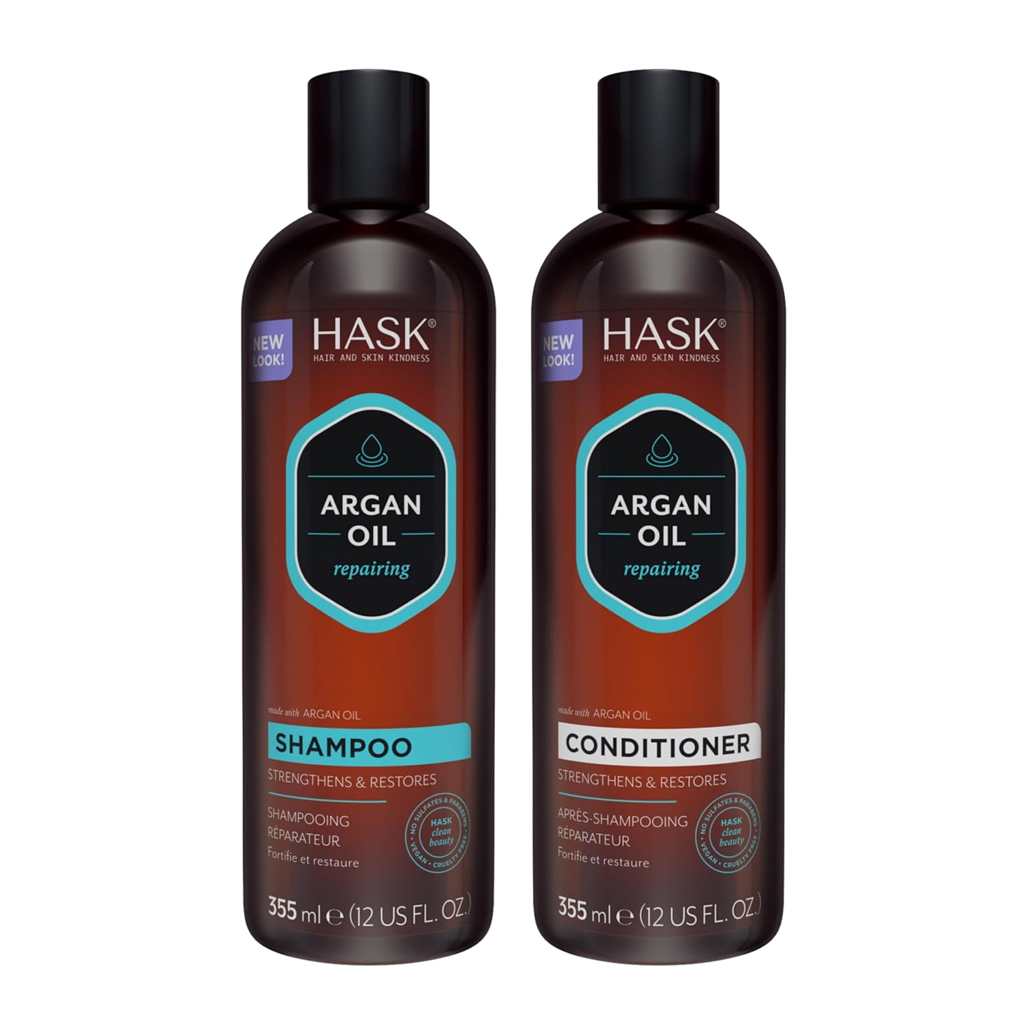 Two HASK Argan Oil bottles labeled shampoo and conditioner, dark brown with blue accents, against a white background. Text mentions strengthening.