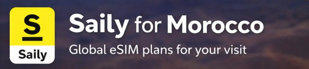 Yellow Saily logo with ‘Saily for Morocco’ text, promoting global eSIM plans on a dark background.