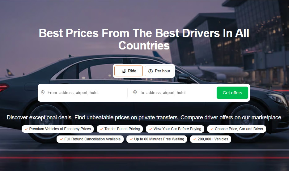 Black car at dusk with city lights in background. Text advertises best prices for rides. Input fields and features like refunds are shown.