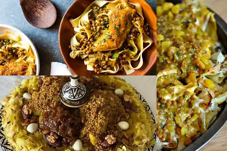 A collage of three dishes of Moroccan rfissa with chicken, lentils, and sauce on msemen.