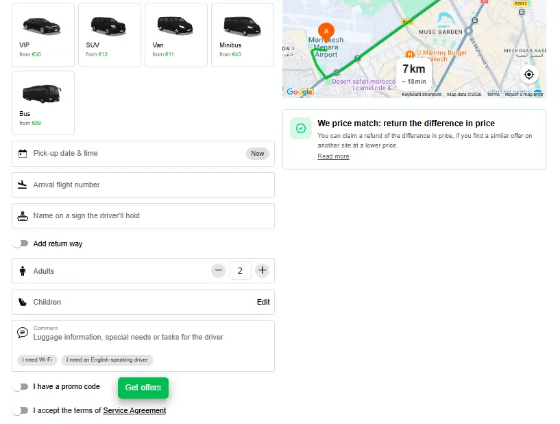 screenshot from gettransfer.com showing booking process