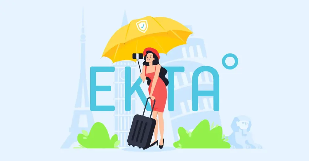 Woman in a red dress holding a selfie stick and suitcase under a yellow umbrella. Background shows ‘EKTA’ text, Eiffel Tower, and greenery.