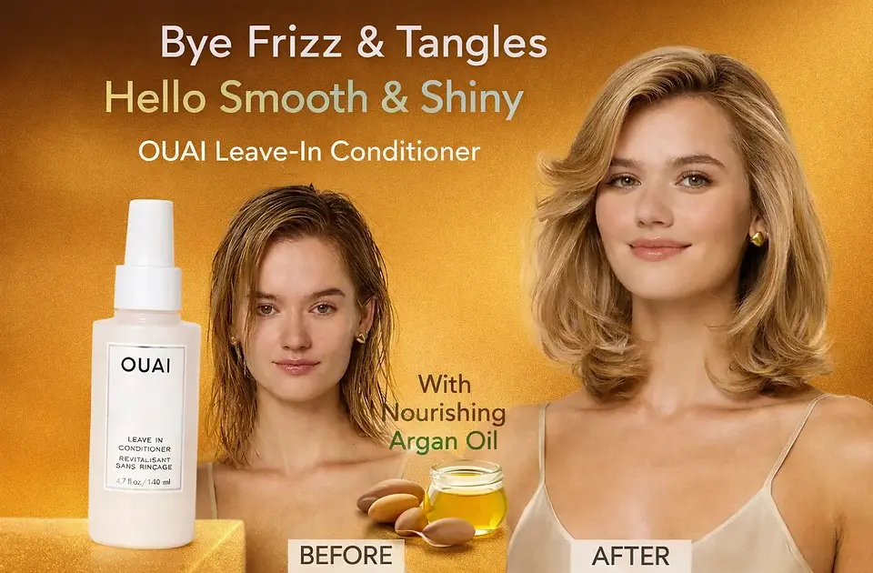 OUAI blog post cover features a woman with frizzy hair labeled "Before" and smooth hair labeled "After." Text: "Bye Frizz & Tangles." Argan oil shown.