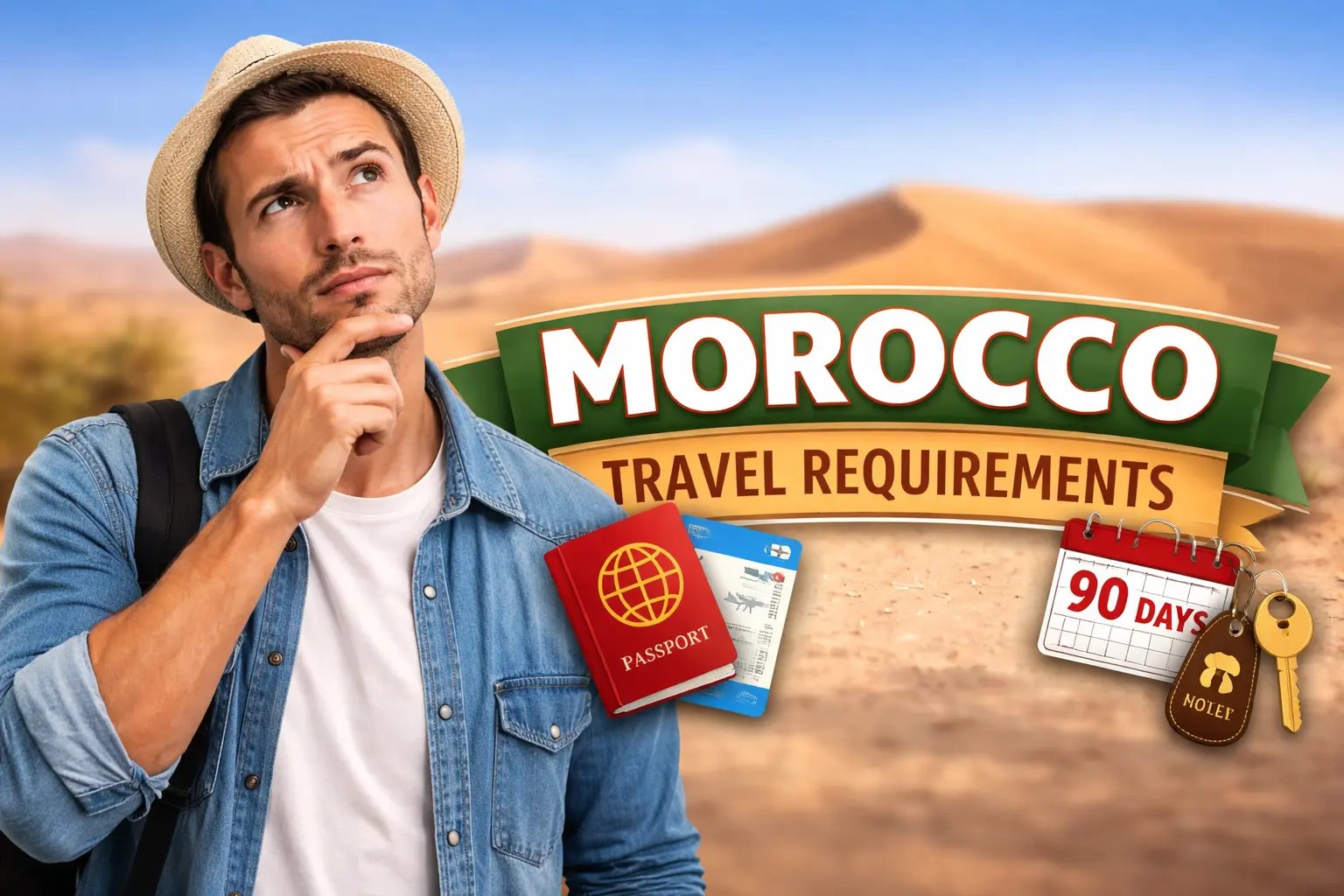 Man in denim shirt and hat ponders travel with passport and ticket. Background shows desert with Morocco travel requirements text. Mood is thoughtful.