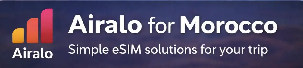 Airalo logo with colorful bars, text reads ‘Airalo for Morocco,’ and ‘Simple eSIM solutions for your trip’ on a dark gradient background.