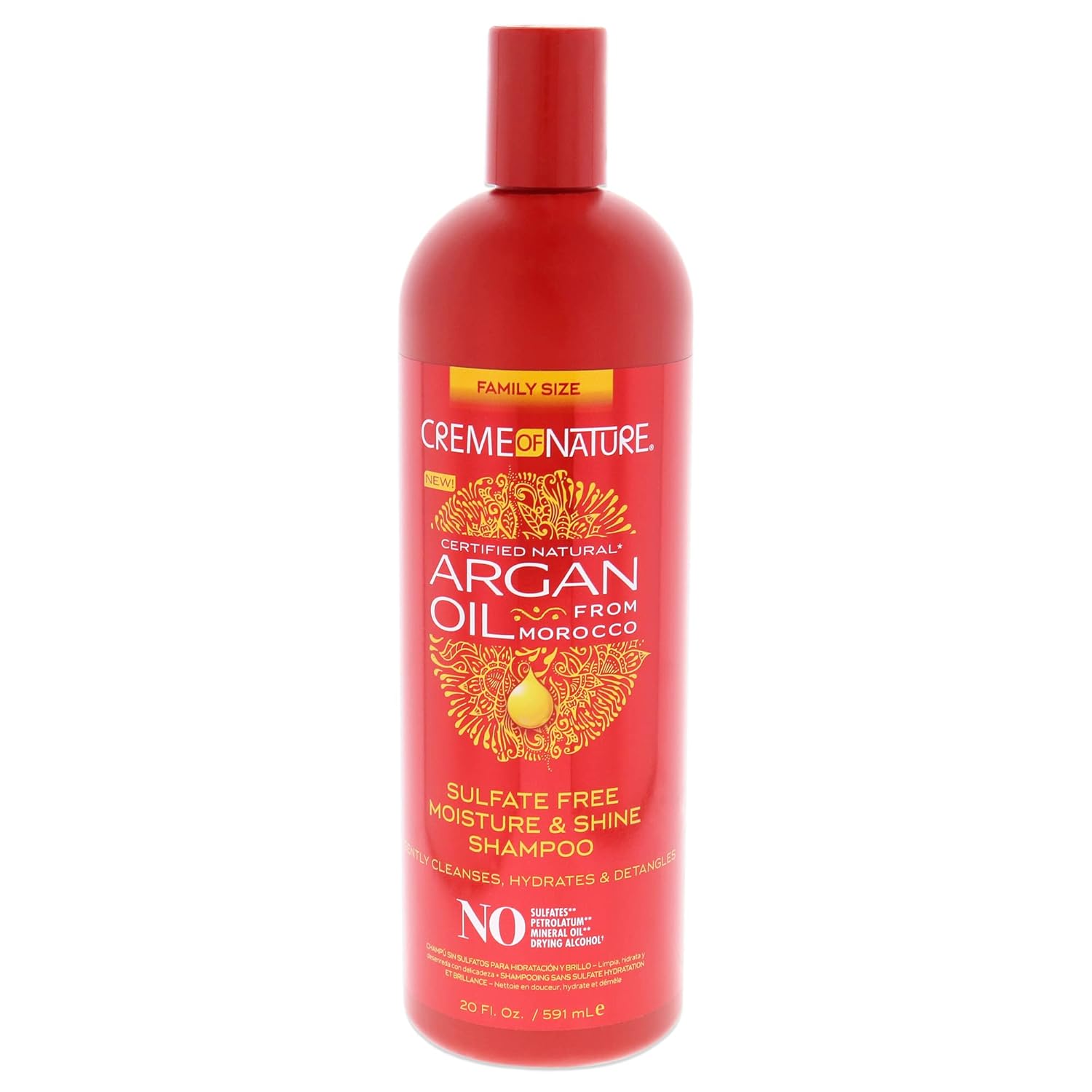 Red bottle of Creme of Nature Argan Oil shampoo. Text highlights sulfate-free, moisture, and shine. Decorative yellow design and family size label.