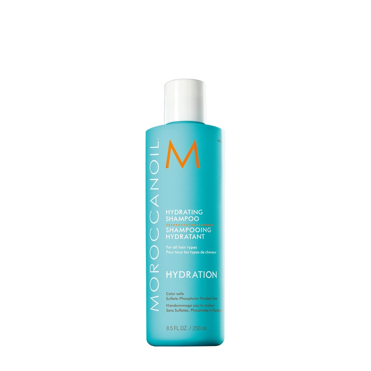Blue bottle of Moroccanoil Hydrating Shampoo with white cap. Text highlights it’s sulfate-free, for all hair types, and 250 ml.