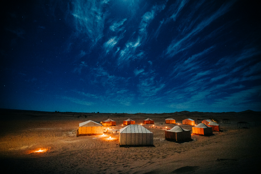 Sahara desert camp near erg chebbi morocco at night under the stars