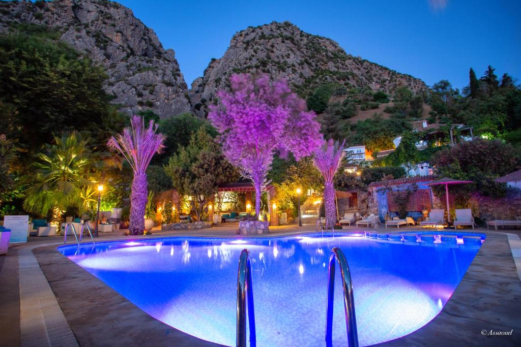 Illuminated pool with purple-lit palm trees at dusk. Rocky hills and lush greenery in the background create a serene ambiance.